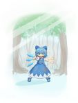  1girl angry bandaid blue_dress blue_eyes blue_hair bow cirno dress forest hair_bow ice ice_wings light_rays mary_janes motion_blur nature okahi open_mouth pointing pointing_at_viewer puffy_short_sleeves puffy_sleeves shoes short_sleeves solo sunbeam sunlight tears teeth touhou tree wings 