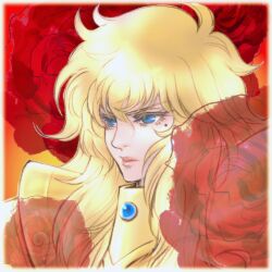  1boy androgynous armor blonde_hair blue_eyes blue_gem commentary_request eyelashes floral_background flower gem gold_armor gold_cloth gold_saint long_hair male_focus mole mole_under_eye pisces_aphrodite portrait pursed_lips red_flower red_rose rose rose_background saint_seiya shiyaori shoulder_armor solo trap v-shaped_eyebrows 