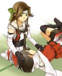  2girls blush brown_eyes brown_hair closed_eyes elbow_gloves forehead_protector gloves hachimaki headband jintsuu_(kantai_collection) kantai_collection long_hair lying lying_on_lap mori_(unknown.) multiple_girls school_uniform seiza sendai_(kantai_collection) short_hair sitting skirt smile 