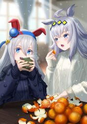  2girls ahoge animal_ears blue_eyes blue_hairband blue_sweater blush breasts commentary_request cup ear_covers ear_ornament fang food fruit grey_hair hair_between_eyes hair_ornament hairband headband highres holding holding_cup horse_ears horse_girl long_hair long_sleeves mandarin_orange mandarin_orange_slice multicolored_hair multicolored_hairband multiple_girls oguri_cap_(umamusume) open_mouth orange_(fruit) otono_(bkt4b) red_headband smile steaming_cup striped_clothes striped_hairband sweater tamamo_cross_(umamusume) two-tone_hairband umamusume very_long_hair white_sweater 