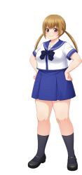  1girl artist_request black_shoes black_socks blue_bow blue_bowtie blue_sailor_collar blue_skirt blue_trim bow bowtie brown_hair cinderella_series closed_mouth hachigatsu_no_cinderella_nine hands_on_own_hips highres kazamatsuri_serina kneehighs long_hair looking_at_viewer low_twintails official_art plump sailor_collar school_uniform shirt shoes short_sleeves skirt socks solo thick_thighs thighs transparent_background twintails violet_eyes white_shirt 