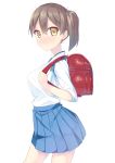  1girl backpack bag blush brown_hair highres japanese_clothes kaga_(kantai_collection) kantai_collection looking_at_viewer pleated_skirt pout randoseru side_ponytail simple_background skirt solo tunamayochan white_background yellow_eyes 