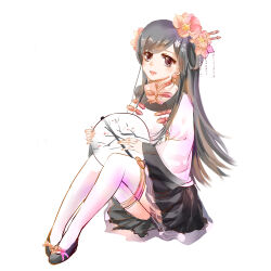  1girl absurdres beads black_hair black_shoes black_skirt chinese_clothes chinese_text commentary_request eyelashes flats flower full_body grey_eyes hair_beads hair_flower hair_ornament hair_rings hairpin hand_fan happy highres holding holding_fan light_blush long_hair long_sidelocks long_sleeves looking_at_viewer miniskirt miracle_nikki muriel_miaoke neck_ribbon nikki_(series) open_mouth peony_(flower) pink_flower pink_ribbon pleated_skirt ribbon shadow shirt shoes sidelocks simple_background skirt smile solo straight_hair stylist_(nikki) teeth thigh-highs translation_request tuanshan upper_teeth_only variant_set very_long_hair white_background white_shirt white_thighhighs wide_sleeves 