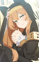  1girl absurdres animal_ear_headwear animal_ears armlet armor backlighting black_coat black_coif black_veil blue_archive blue_eyes blue_neckerchief blush cat_ears coat coif commentary_request csham flower frilled_sleeves frills from_below from_side gold_armor hair_between_eyes hair_flower hair_ornament half-closed_eyes halo hat hat_flower highres jewelry long_hair looking_at_viewer mari_(blue_archive) neckerchief nun orange_hair own_hands_together praying sailor_collar smile solo veil white_flower white_sailor_collar yellow_halo 