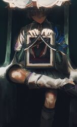  1boy armor black_background black_bodysuit black_bridal_gauntlets black_shorts blue_cape blue_sleeves blunt_ends bodysuit bridal_gauntlets cape closed_eyes closed_mouth covered_collarbone eyelashes facing_down fingernails furisode genshin_impact grey_hair hakama hakama_shorts highres holding_portrait japanese_armor japanese_clothes kimono kote kurokote layered_sleeves leg_warmers male_focus oversleep0503 pleated_shorts purple_rope revision rope royal_ease scaramouche_(genshin_impact) short_sleeves shorts shoulder_peek sitting solo wanderer_(genshin_impact) white_kimono white_leg_warmers white_sleeves 