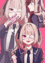  1girl blazer blue_jacket blue_necktie blue_ribbon blue_sailor_collar blue_skirt blush cellphone closed_mouth collared_shirt colored_inner_hair cropped_torso drill_hair eyepatch fangs from_behind furrowed_brow grey_hair hair_intakes hair_ribbon hand_up heart highres holding holding_phone jacket lapels long_hair long_sleeves looking_at_viewer looking_back makaino_ririmu medical_eyepatch monitoring_(vocaloid) multicolored_hair multiple_views necktie nijisanji notched_lapels official_alternate_costume official_alternate_hairstyle open_clothes open_jacket open_mouth phone phone_with_ears pink_background pink_hair pink_streaks pleated_skirt pointy_ears polka_dot polka_dot_background rabbit_ear_smartphone_case red_eyes ribbon sailor_collar school_uniform shirt shirt_tucked_in sidelocks skirt sleeves_past_wrists smartphone smartphone_case straight-on streaked_hair tie_clip tutu_uv twirling_hair two-tone_hair two_side_up upper_body virtual_youtuber white_shirt 