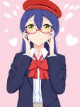  1girl artist_request beret blue_hair blush bow brown_eyes glasses hat heart heart_background long_hair love_live!_school_idol_project pink_background school_uniform simple_background sonoda_umi 