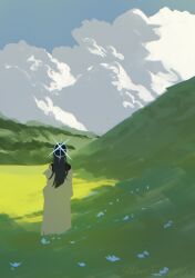  1girl absurdres artist_name black_hair blue_archive blue_halo blue_sky clouds coat coat_partially_removed commentary day from_behind grass halo highres hill kani_etizen03 long_hair outdoors saori_(blue_archive) sky solo twitter_username white_coat wide_shot 