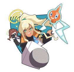  2girls absurdres blonde_hair blue_archive brown_hair camera commentary_request dark-skinned_female dark_skin green_eyes halo highres holding holding_camera holding_microphone long_hair long_sleeves mai_(blue_archive) microphone multiple_girls open_mouth pokemon pokemon_(creature) ponytail reporter rotom rotom_(normal) shinon_(blue_archive) short_hair sidelocks star-shaped_pupils star_(symbol) symbol-shaped_pupils toucho3691 twintails video_camera yellow_halo 