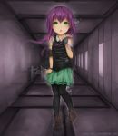 1girl aionlights borrowed_character fingerless_gloves full_body ghost gloves green_eyes hallway isabelle_(acerailgun) long_hair looking_at_viewer original purple_hair shoes signature single_glove skirt solo transparent watermark web_address 