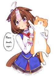  1girl ahoge animal animal_ears bag between_breasts blue_dress blush breasts brown_hair cat commentary double-parted_bangs dress ear_ribbon english_commentary english_text gloves hair_between_eyes hairband headband highres holding holding_animal holding_cat horse_ears horse_girl horse_tail long_sleeves looking_at_viewer medium_hair meisho_doto_(turbulent_blue)_(umamusume) meisho_doto_(umamusume) meto_(cat) multicolored_hair open_mouth pink_hairband pink_headband shirt short_hair shoulder_bag simple_background smile speech_bubble strap_between_breasts tail two-tone_hair ukichan22905846 umamusume violet_eyes waving white_background white_dress white_gloves white_hair 