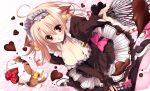  1girl ahoge animal_ears breasts brown_eyes brown_hair cat cat_ears cat_tail chocolate cleavage dutch_angle furifuri large_breasts long_hair looking_at_viewer maid maid_headdress shoes sitting tail yoshiwo 