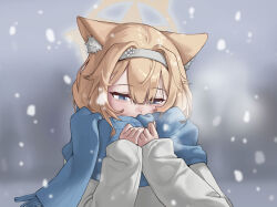  1girl absurdres alternate_costume animal_ear_fluff animal_ears blue_archive blue_eyes blue_scarf blurry blurry_background cat_ears cat_girl center-flap_bangs covered_mouth enpera ewhale99 hair_between_eyes hairband halo highres long_sleeves looking_down mari_(blue_archive) orange_hair scarf scarf_over_mouth sleeves_past_wrists snowing solo sweater upper_body white_hairband white_sweater yellow_halo 