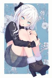  1girl :o absurdres black_nails black_shirt black_shoes blue_eyes commentary_request cropped_shirt floral_background fur-trimmed_shoes high_heels highres hugging_own_legs long_hair long_sleeves looking_at_viewer nekotora_(nekotora0116) original plaid_clothes plaid_skirt shirt shoes sitting skirt solo watch watch white_hair 