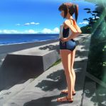 1girl beach blue_sky brown_hair concrete from_side full_body hands_on_hips horizon i-401_(kantai_collection) kantai_collection legs looking_away ocean one-piece_swimsuit outdoors ponytail profile sailor_collar sandals school_swimsuit shadow short_hair short_ponytail sky smile solo stairs standing sunlight swimsuit swimsuit_under_clothes takuzui tree_shade 