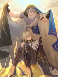  2boys alternate_form antenna_hair arm_belt blonde_hair blue_eyes boots choker cloak closed_eyes coattails collar commentary_request cracked_skin dappled_sunlight gloves highres honkai:_star_rail honkai_(series) material_growth multiple_boys phainon_(a_dream_scented_in_wheat)_(honkai:_star_rail) phainon_(honkai:_star_rail) phainon_(khaslana)_(honkai:_star_rail) shade shirt short_hair spiky_hair sunlight tailcoat tanemaki_monaka toned toned_female white_hair 