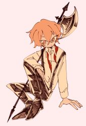  1boy black_pants black_suspenders blonde_hair commentary english_commentary halberd hand_on_floor hand_on_own_thigh highres invisible_floor limbus_company male_focus necktie pants polearm project_moon red_necktie shirt simple_background solo suspenders undone_necktie weapon white_background white_shirt yangii yellow_eyes 