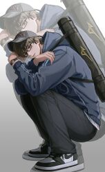  1boy ace_20181 ace_of_diamond bag baseball_cap black-framed_eyewear black_pants blue_hoodie brown_hair commentary from_side glasses hat highres hood hood_down hoodie male_focus miyuki_kazuya pants rectangular_eyewear semi-rimless_eyewear short_hair solo squatting under-rim_eyewear watch watch zoom_layer 