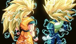  2boys blonde_hair bure_(fantasticyouth7) commentary_request dragon_ball dragon_ball_daima electricity highres long_hair male_focus multiple_boys muscular muscular_male orange_dougi orange_overalls orange_pants orange_tunic overalls pants saiyan saiyan_armor son_goku super_saiyan super_saiyan_3 tunic vegeta 