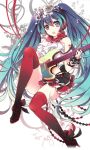  1girl aqua_eyes aqua_hair electric_guitar flower guitar hair_flower hair_ornament hatsune_miku headphones instrument jonejung long_hair midriff nisoku_hokou_(vocaloid) open_mouth red_legwear skirt solo tattoo thigh-highs twintails very_long_hair vocaloid 