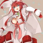  1girl :d blue_eyes blush_stickers bow bra bracelet breasts bridal_veil cleavage clover cravat dress elphelt_valentine four-leaf_clover guilty_gear guilty_gear_xrd hairband hyakuhachi_(over3) jewelry large_breasts long_sleeves looking_at_viewer open_mouth pink_bow puffy_long_sleeves puffy_sleeves red_bra redhead short_hair smile solo sparkle spikes twitter_username underwear veil white_dress 