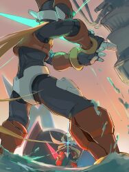  2boys absurdres android armor blonde_hair commentary_request energy_sword forehead_jewel from_behind full_body helmet highres holding holding_sword holding_weapon long_hair male_focus mega_man_(series) mega_man_zero_(series) mega_man_zero_3 multiple_boys omega_(mega_man) omochi_(mochi_skymega) red_armor red_eyes red_helmet scene_reference sword weapon z_saber zero(z)_(mega_man) zero_(mega_man) 