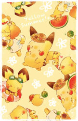  >_< 1girl animal_crossing blush closed_eyes color_connection commentary_request dress food fruit furry furry_female goggles goggles_on_head hat heart ice_cream isabelle_(animal_crossing) luma_(mario) multiple_scoops pac-man pac-man_(game) painting_(medium) pichu pikachu pikmin_(series) pokemon pokemon_(creature) straw_hat super_smash_bros. traditional_media watercolor_(medium) watermelon white_dress yellow_pikmin yellow_theme yukichi_0611 