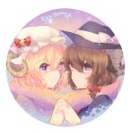  2girls blonde_hair bow brown_eyes brown_hair hands_together hat heart holding_hands horns kaenuco maribel_hearn multiple_girls night ribbon scarf shared_scarf short_hair smile touhou usami_renko violet_eyes 