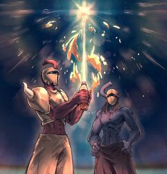  2boys armor black_pants blue_skin bottle breastplate cola colored_skin commentary explosion hands_on_own_hips helm helmet highres holding holding_bottle m-warrior_1 m-warrior_2 male_focus multiple_boys night pants red_skin sky soda_bottle star_(sky) starry_sky topless_male yellow_pants yu-gi-oh! yukitake_(bullfalk) 
