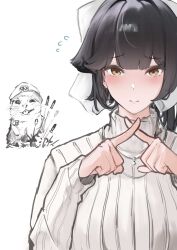  1girl absurdres azur_lane black_hair blush bow closed_mouth english_commentary flying_sweatdrops hair_bow hands_up highres jewelry long_sleeves necklace official_alternate_costume raised_inner_eyebrows shy simple_background sweater takao_(azur_lane) takao_(inner_cultivation)_(azur_lane) upper_body weebchair white_background white_bow white_sweater x_fingers yellow_eyes 