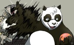  2boys afterimage fighting food highres hitting kung_fu_panda male_focus meme multiple_boys naoya_hitting_choso_without_looking_(meme) o'donnis panda_boy parody po_(kung_fu_panda) punching rapid_punches scene_reference smear_frame tai_lung tiger_boy 