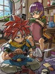  1boy 1girl ankle_boots artist_name belt black_shorts blue_eyes blue_tunic blunt_bangs book boots brown_boots carpet chair chrono_trigger cleaning cleaning_rag cleaning_sword cleaning_weapon closed_mouth commentary_request crono_(chrono_trigger) day desk glasses grey_pants headband highres holding holding_sword holding_weapon indian_style indoors long_hair looking_at_another lucca_ashtear on_chair on_floor orange_tunic pants purple_hair red_hair round_eyewear scarf short_hair short_sleeves shorts sitting sitting_backwards sleeves_rolled_up smile spiky_hair sword tunic uzutanco weapon white_headband window yellow_scarf 