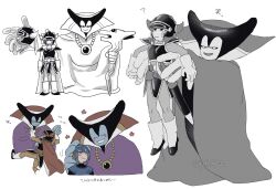  3boys armor aviator_cap aviator_goggles bead_necklace beads black_armor black_bodysuit blue_hat blue_skin blue_tunic bodysuit cape closed_eyes clothes_grab collar_grab colored_skin commentary_request dragon_lord dragon_quest dragon_quest_i fake_horns gloves goggles goggles_on_head hat helmet hero_(dq1) holding holding_staff horned_helmet horns jewelry light_blush male_focus multiple_boys necklace neckwear_grab orange_bodysuit poro482ii red_cape smile staff teeth tunic white_background white_gloves 