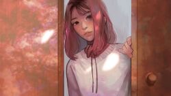  1girl :d aegyo_sal angela_he bob_cut brown_eyes expressionless freckles grin highres looking_at_viewer missed_messages neck_ribbon non-web_source official_art opening_door parted_lips pink_hair ribbon short_hair smile solo sweater upper_body white_sweater 