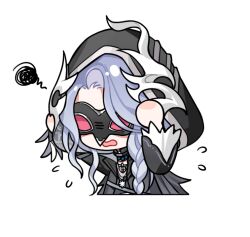  1girl artist_request bead_necklace beads belt bird_mask black_cape black_collar black_jacket black_mask black_shirt blue_hair braid cape collar collared_jacket cropped_torso detached_collar domino_mask eye_mask feather_cape flying_sweatdrops frilled_sleeves frills grey_belt hair_over_shoulder hands_on_own_hips hood hood_up hooded_jacket infinity_nikki jacket jewelry long_hair long_sleeves mask necklace nikki_(series) official_art open_clothes open_jacket open_mouth panicking shirt sidelocks single_braid solitary_silhouette_(infinity_nikki) solo squiggle transparent_background wavy_mouth 