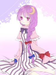  1girl alternate_hairstyle barefoot black_bow black_bowtie blue_bow bow bowtie braid capelet closed_mouth commentary_request crescent crescent_hair_ornament dress extra_digits hair_ornament long_hair long_sleeves looking_at_viewer no_headwear patchouli_knowledge pink_capelet purple_hair red_bow single_braid sitting smile solo striped_clothes striped_dress toes touhou tsuno_no_hito vertical-striped_clothes vertical-striped_dress very_long_hair violet_eyes 