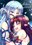  2girls asuna_(sao) asuna_(sao-alo) blue_eyes blue_hair closed_eyes detached_sleeves fingerless_gloves gloves hairband hug long_hair makoushi multiple_girls pointy_ears purple_hair red_eyes sword_art_online yuuki_(sao) 