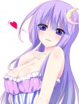  1girl asn_s babydoll bare_arms bare_shoulders blush breasts bust cleavage crescent_hair_ornament finger_to_cheek hair_ornament heart highres large_breasts long_hair looking_at_viewer patchouli_knowledge purple_hair smirk solo touhou very_long_hair violet_eyes 
