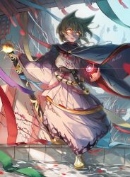  3girls absurdres ametonalu belt black_belt blonde_hair cape commentary_request detached_sleeves dress earmuffs flower full_body glowing glowing_eyes glowing_object hair_horns highres holding holding_sword holding_weapon magatama mononobe_no_futo multiple_girls open_mouth plum_blossoms red_trim scabbard sheath shoes silhouette skirt sleeveless sleeveless_dress soga_no_tojiko sword temple touhou toyosatomimi_no_miko weapon white_skirt wide_sleeves yellow_eyes yellow_shoes 