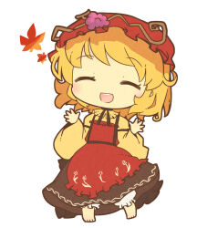  1girl :d aki_minoriko akihiyo apron barefoot black_skirt blonde_hair blush closed_eyes collared_shirt commentary_request grape_hat_ornament hands_up hat highres leaf long_sleeves maple_leaf medium_hair mob_cap open_mouth pants red_apron red_hat shirt skirt smile solo teeth touhou upper_teeth_only wheat_print white_background white_pants yellow_shirt 
