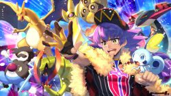  1boy aegislash baseball_cap black_hat black_sclera black_shirt blue_eyes bright_pupils cane cape champion_uniform charizard checkered_cape checkered_clothes claws clenched_hand colored_sclera commentary_request dragapult dragon dragon_wings dreepy dynamax_band eyelashes facial_hair fangs fingernails flying fur-trimmed_cape fur_trim gloves hat haxorus holding holding_cane holding_shield leon_(pokemon) long_hair male_focus mismatched_facial_hair mr._rime mustacge one-eyed open_mouth outstretched_arm partially_fingerless_gloves pokemon pokemon_(creature) pokemon_on_arm pokemon_swsh pokemon_team purple_hair red_eyes shield shirt short_sleeves single_glove smile sobble teeth upper_teeth_only white_pupils wings yamanashi_taiki yellow_eyes 