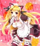  1girl :d animal_ears apron beatmania beatmania_iidx blonde_hair bow bowtie breasts chandelier cleavage fake_animal_ears frilled_apron frilled_skirt frills gloves hair_ornament hairband hairclip hand_on_hip leaning_forward long_hair looking_at_viewer maid maid_apron maid_headdress open_mouth polka_dot polka_dot_bow red_eyes semi-transparent short_sleeves skirt smile solo stardrop the_knee_socks_princess_of_glass thigh-highs white_gloves 