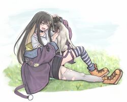  1girl asymmetrical_legwear bang_dream! bang_dream!_our_notes black_choker black_hair black_nails brown_hair choker commentary dog earrings hair_ornament hairclip highres jacket jewelry laika_(dog) long_hair mismatched_legwear nail_polish name_connection necklace one_eye_closed open_mouth purple_jacket real_life shirt solo suga_raika thigh-highs thigh_strap tomare_(akashingou) torn_clothes torn_thighhighs white_shirt white_thighhighs yellow_eyes 