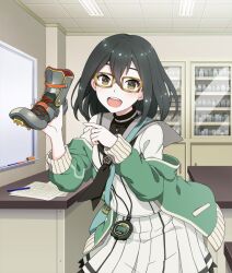  1girl :d armored_boots ayanokouji_martial_arts_school_uniform black_hair boots bottle breasts brown-framed_eyewear brown_eyes cabinet ceiling ceiling_light cowboy_shot desk dot_nose double-parted_bangs game_cg glasses green_jacket grey_boots grey_sailor_collar holding holding_boots holding_unworn_clothes indoors jacket long_sleeves looking_at_viewer medium_hair morishita_kihiro note off_shoulder official_art open_clothes open_jacket open_mouth paper pen pointing pointing_at_object rectangular_eyewear sailor_collar school_uniform serafuku shirt single_boot skirt small_breasts smile solo stopwatch stopwatch_around_neck teeth third-party_source tile_ceiling tiles toji_no_miko toji_no_miko:_kizamishi_issen_no_tomoshibi unworn_boots upper_teeth_only white_serafuku white_shirt white_skirt whiteboard 