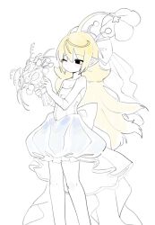  1girl antennae back_bow bare_shoulders black_eyes blonde_hair bouquet bow bubble_skirt closed_mouth dress elbow_gloves empty_eyes flat_chest flower flower_on_head frills gloves hair_bow hands_up high-low_dress highres holding holding_bouquet hufy light_blush limited_palette long_hair looking_at_object one_eye_closed partially_colored personification petite pikmin_(series) pointy_ears sidelocks simple_background sketch skirt solo standing strapless strapless_dress very_long_hair wedding_dress white_background yellow_pikmin 