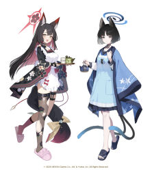  2girls animal_ear_fluff animal_ears apron black_gloves black_sailor_collar black_sandals blue_archive cat_ears cat_girl cat_tail commentary_request cup fingerless_gloves fishnet_thighhighs fishnets floral_print fox_ears fox_girl fox_tail full_body gloves halo holding holding_teapot hukahire0120 japanese_clothes kikyou_(blue_archive) long_hair long_sleeves looking_at_viewer multiple_girls multiple_tails official_art open_mouth pink_slippers sailor_collar sandals short_hair simple_background single_thighhigh slippers slit_pupils smile standing tail teacup teapot thigh-highs torn_clothes torn_thighhighs two_tails very_long_hair wakamo_(blue_archive) white_apron white_background 