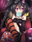  1girl amano_kouki animal_ears black_gloves black_hair candy cat_ears crossed_legs elbow_gloves gloves halloween hat holding lollipop long_hair looking_at_viewer midriff multiple_tails note-chan original shoes sitting solo striped striped_legwear tail thigh-highs twintails violet_eyes witch_hat 