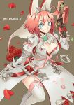  1girl abe_ranzu aqua_eyes breasts character_name cleavage cleavage_cutout clover elphelt_valentine flower four-leaf_clover garter_straps gloves guilty_gear guilty_gear_xrd gun highres looking_at_viewer pink_hair rose short_hair smile solo spikes thigh-highs veil weapon white_legwear 