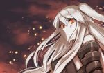  1girl aircraft_carrier_oni azu_(azusayumix) fiery_background fire kantai_collection long_hair looking_at_viewer pale_skin red_eyes side_ponytail white_hair white_skin 