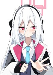  1girl black_hairband blue_archive blue_necktie commentary_request expressionless hair_between_eyes hairband highres jacket kei_(blue_archive) kei_(new_body)_(blue_archive) long_hair long_sleeves necktie red_eyes ringed_eyes sideways_glance simple_background solo sweatdrop upper_body white_background white_hair white_jacket yoimura 